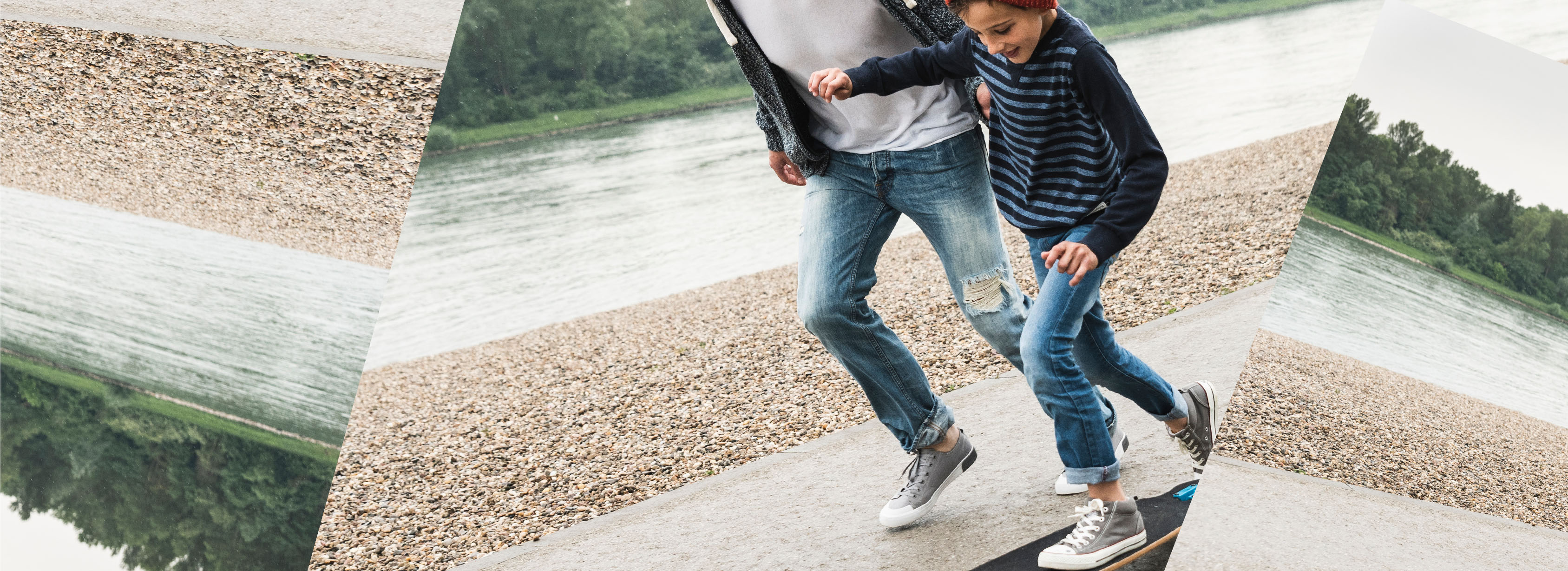 Parent running alongside young child skateboarding
